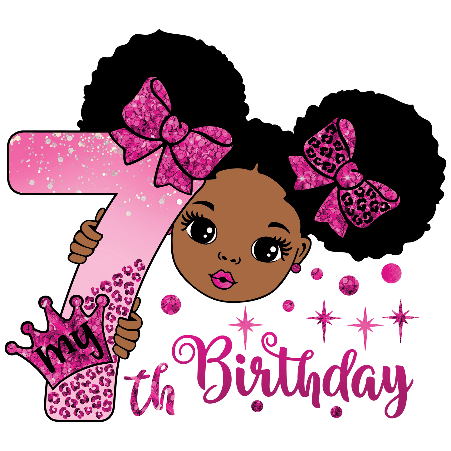 African American Cartoon Girl Peeking Around Pink 7 with Crown Bows Edible Icing Image Cake Topper, by TNCT
