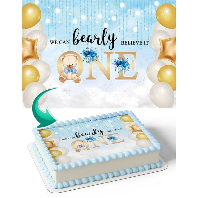 TNCT We Can Bearly Believe It One Year Baby Boy Cake Image Topper, Personalized 1/4 Sheet Birthday Cake Banner for Parties, Edible Cake Image Topper