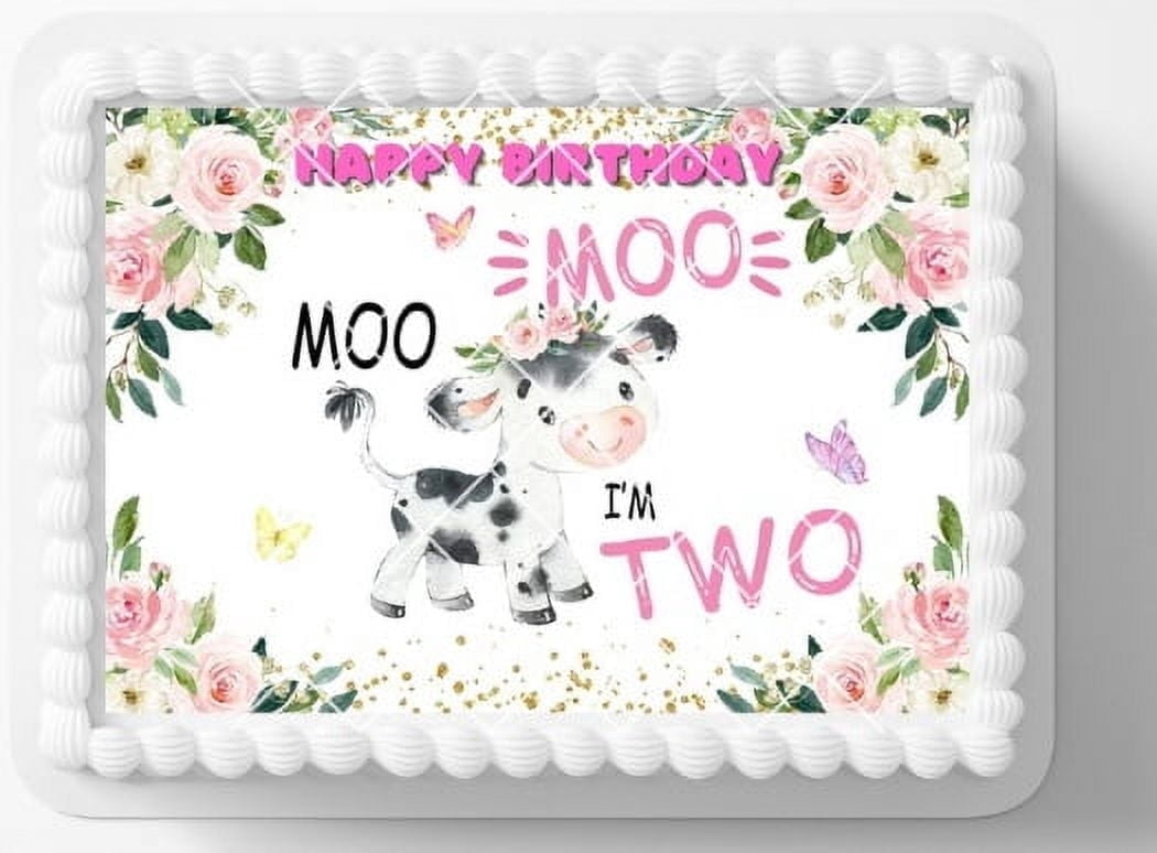 2 year Old Farm Barnyard Moo Cow Edible Image Icing Cake Topper for Quarter Sheet Cake, by TNCT