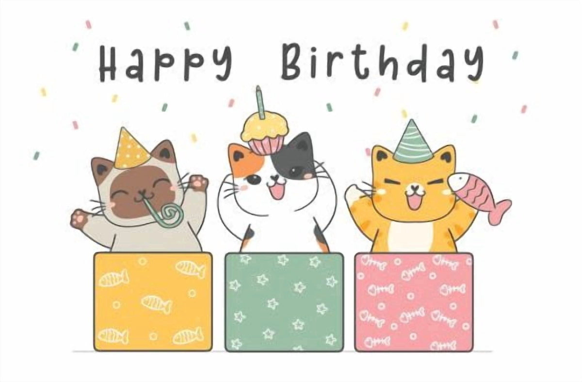 3 Funny Cats with Presents & Fish Bones Happy Birthday Cats Design Edible Icing Image Cake Topper, by Tnct.