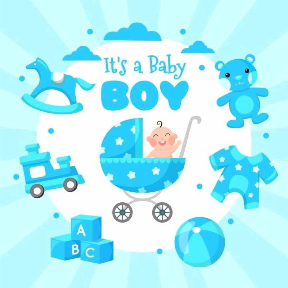 3" Round Pre-Cut It’s a Baby Boy In A Stroller With Toys Blue Baby Shower Theme Photo Edible Image Cupcake & Cookie Toppers (6 Per Sheet)