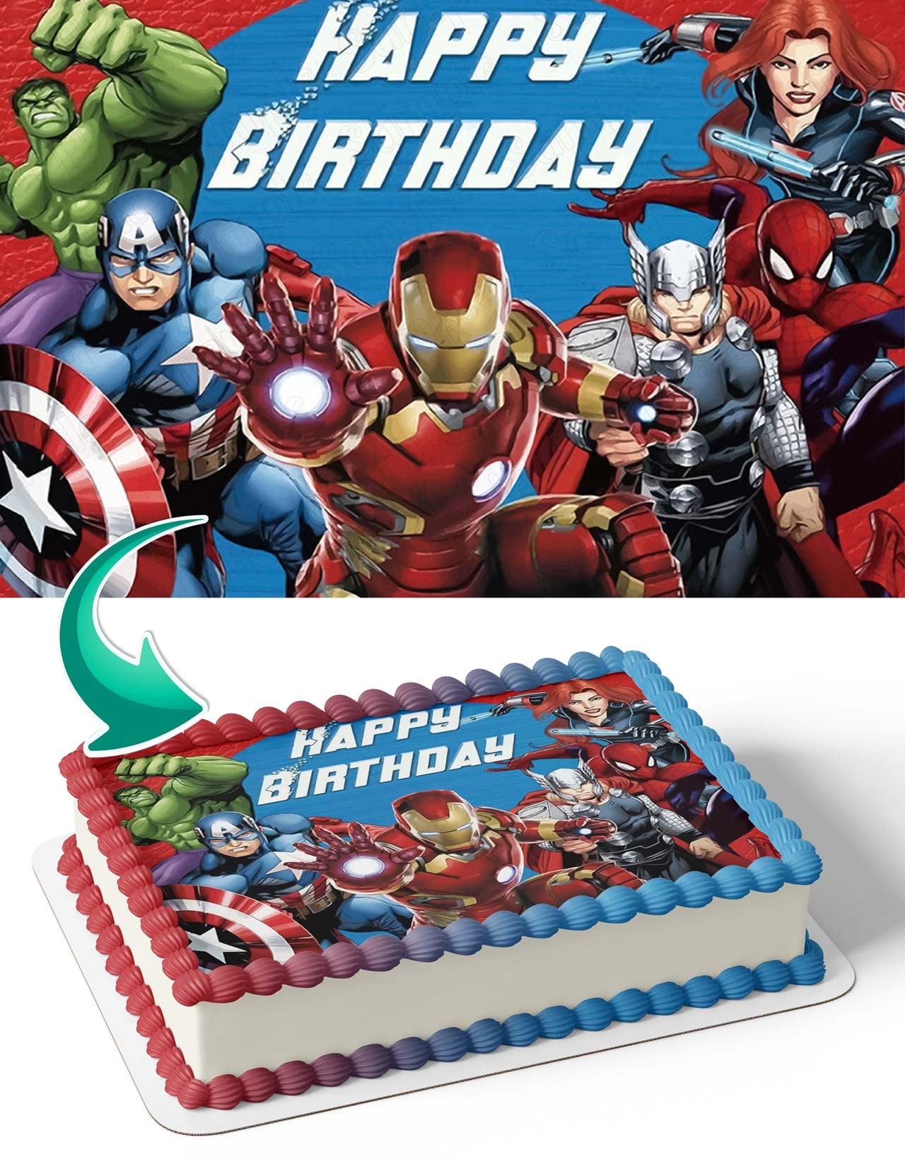 Marvel The Avengers Hulk Captain America Iron Man BR Edible Cake Image Topper Birthday Photo Icing Fondant Decoration Print 1/4 Sheet