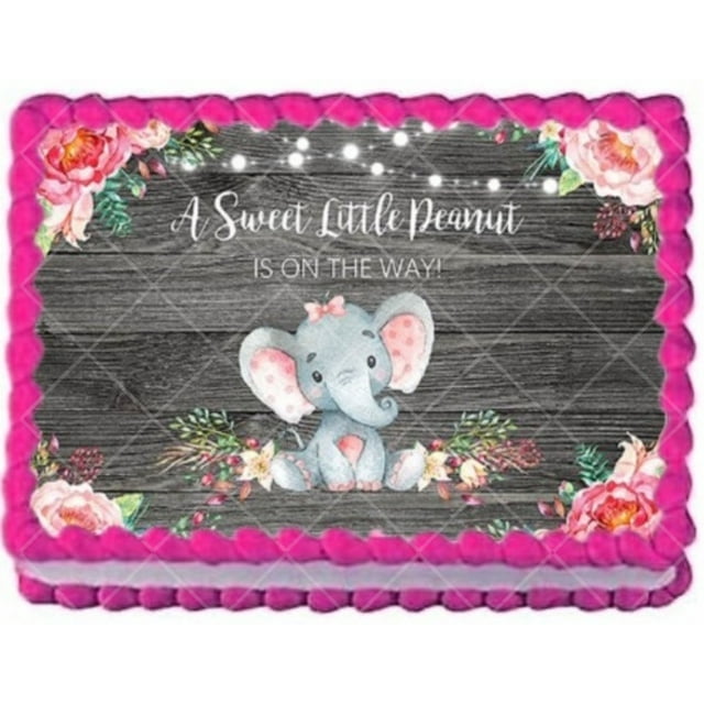 Sweet Little Peanut Is On The Way Elephant Baby Shower Girl Edible Image Cake Topper For Half Sheet Cake By TNCT