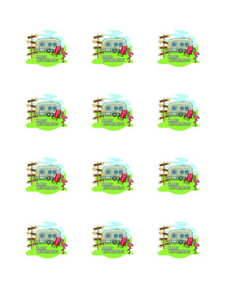 2" Round Pre-Cut Happy Retirement Camping Theme Edible Images!