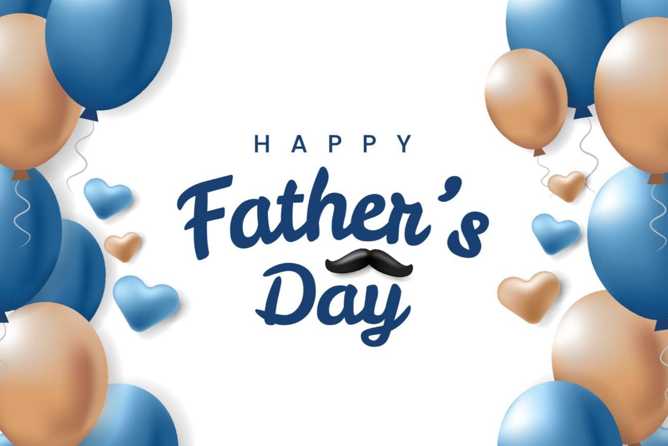 Blue & White Happy Fathers Day Design with Confetti, Balloons & Mustache Edible Image Photo Cake Topper For Quarter Sheet Cake
