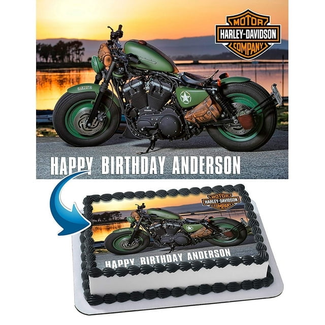 TNCT Harley Davidson Cake Image Topper, Personalized 1/4 Sheet Birthday Cake Banner for Parties, Edible Cake Image Topper