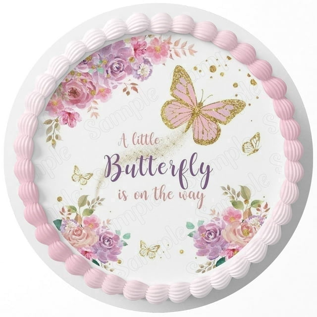 A Little Butterfly is on the Way Pink with Flowers Edible Icing Image Cake topper, by Tnct.