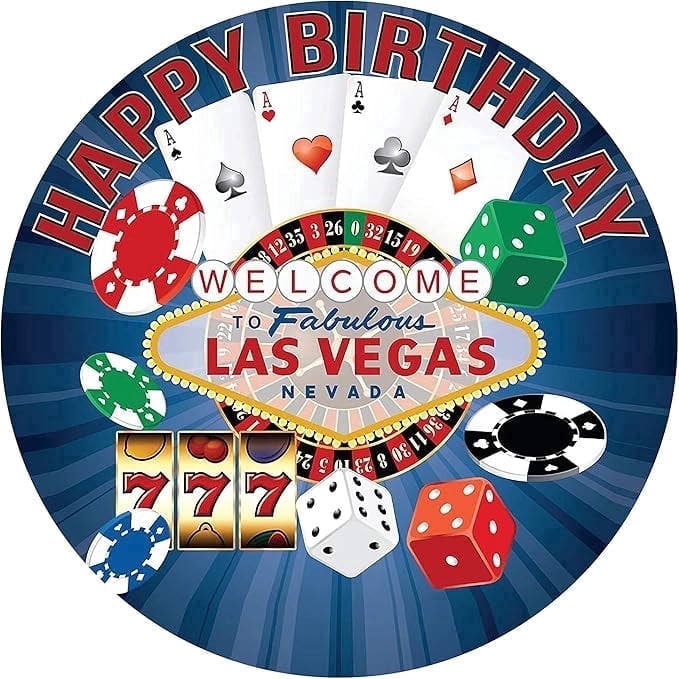 Las Vegas Poker, Slot Machine, Dice, Happy Birthday Edible Icing Image Cake Topper, by Tnct.