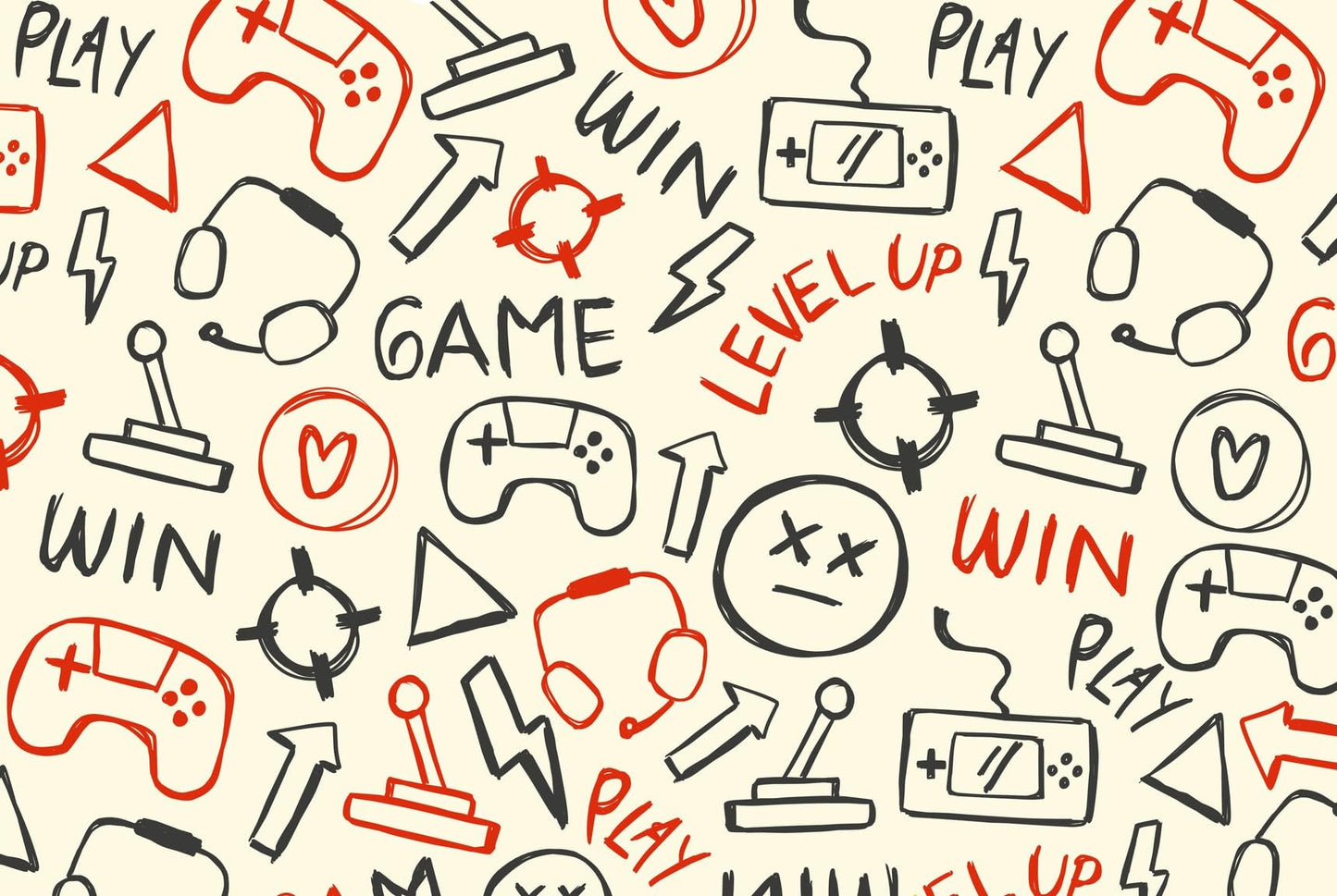 Gamer Tan, Red & Black Lightning Bolt, Joystick & Play, Win, Level Up Pattern On Edible Image Chocolate Transfer Sheet. Apply To Your Custom Chocolate Treats