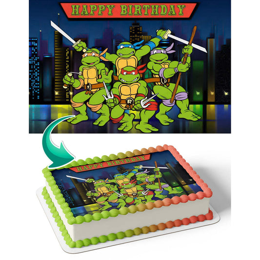 TNCT Teenage Mutant Ninja Turtles Edible Cake Image Topper, Personalized 1/4 Sheet Birthday Cake Banner for TMNT Themed Parties