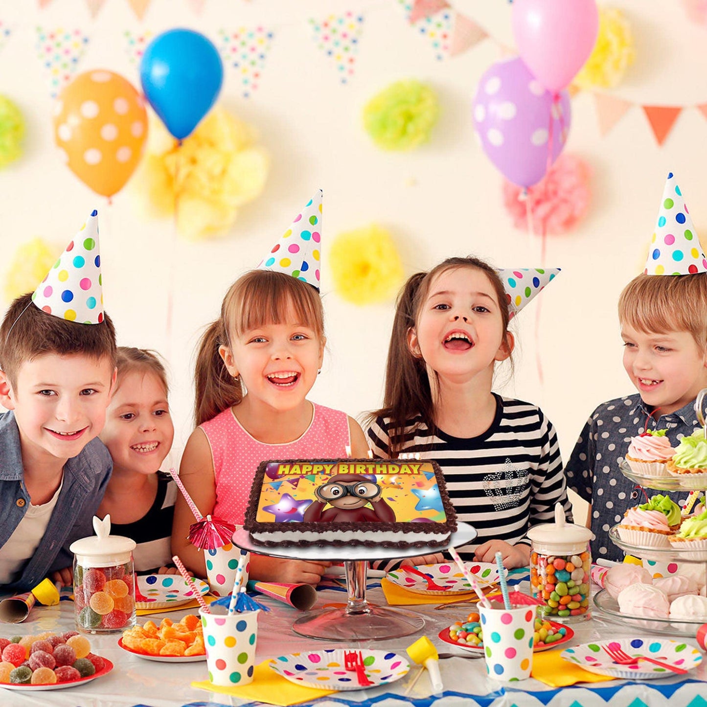 8.3 x 11.7 Inch Edible Square Cake Toppers – Curious George Themed Birthday Party Collection of Edible Cake Decorations