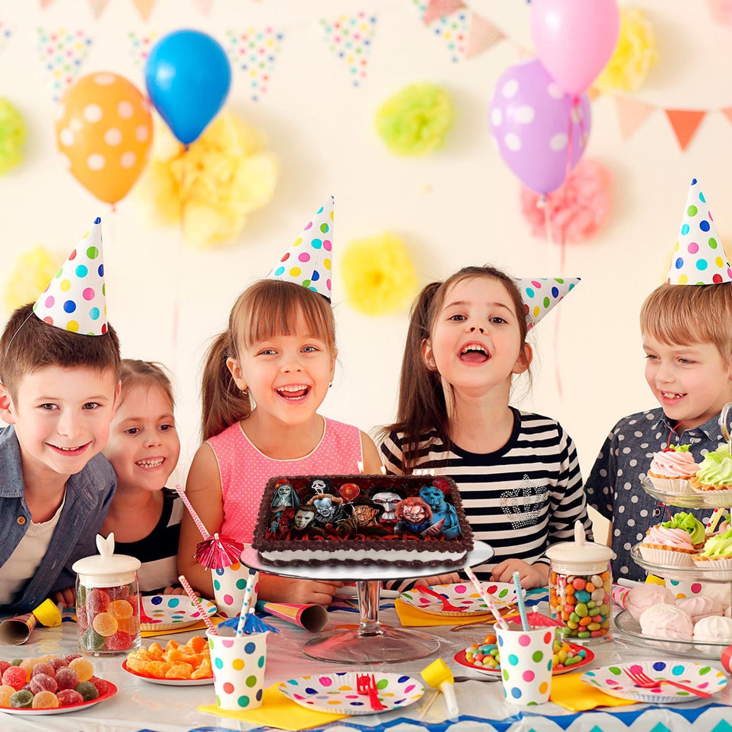 8.3 x 11.7 Inch Edible Square Cake Toppers – Horror Themed Birthday Party Collection of Edible Cake Decorations