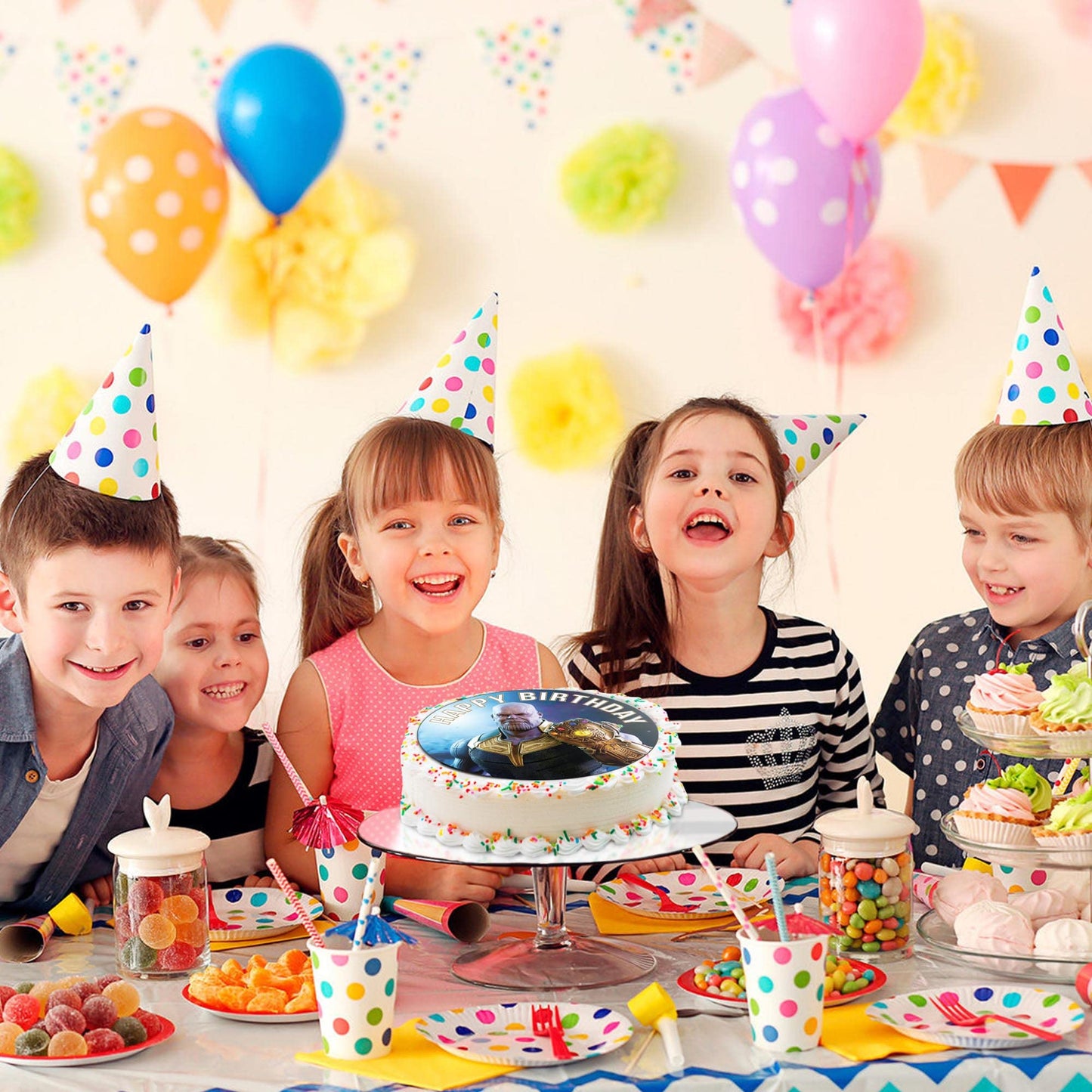 7.5 Inch Edible Cake Toppers –Hero super Thanos Themed Birthday Party Collection of Edible Cake Decorations