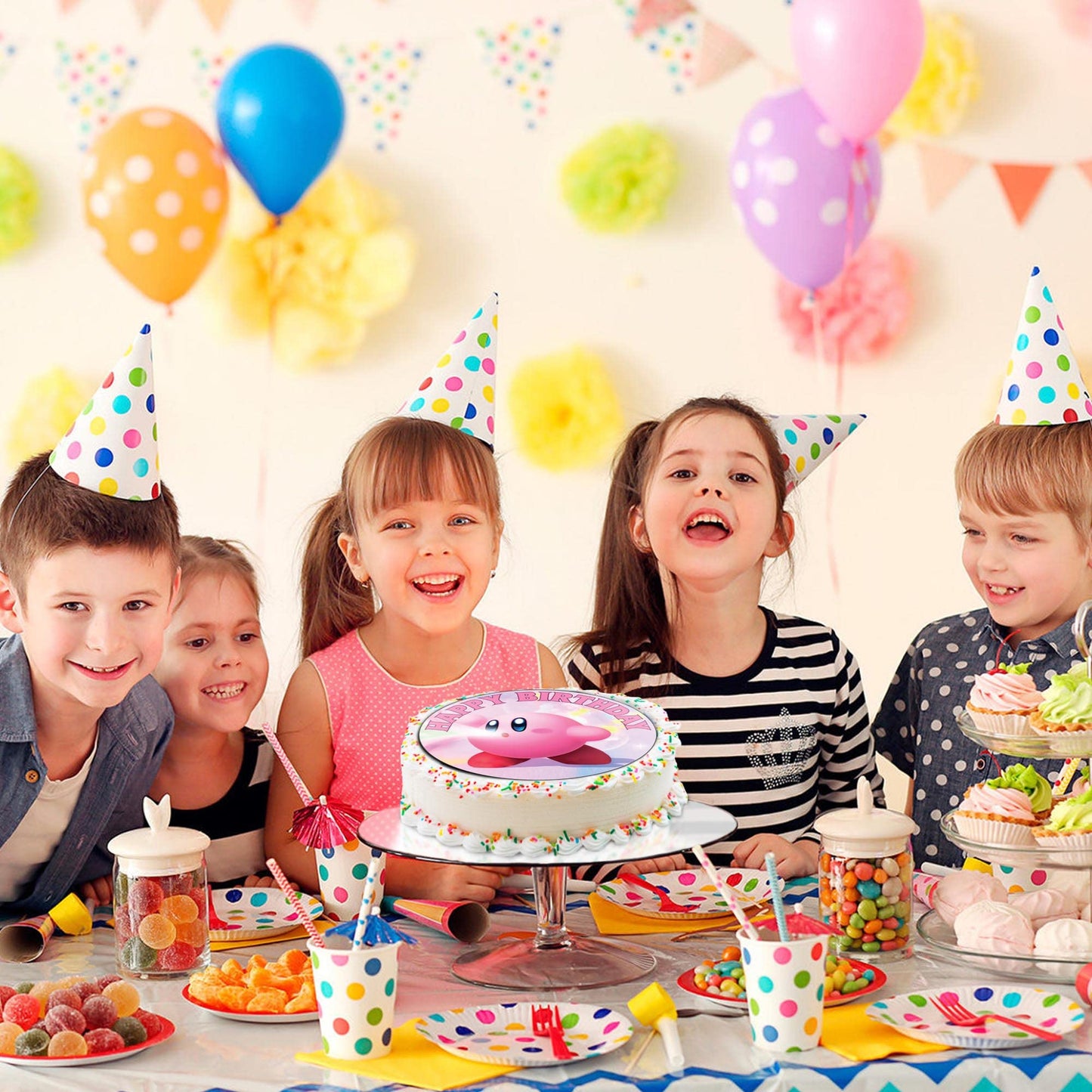 7.5 Inch Kirby Cake Topper – Round Edible Birthday Cake Decorations, Happy Birthday Cake