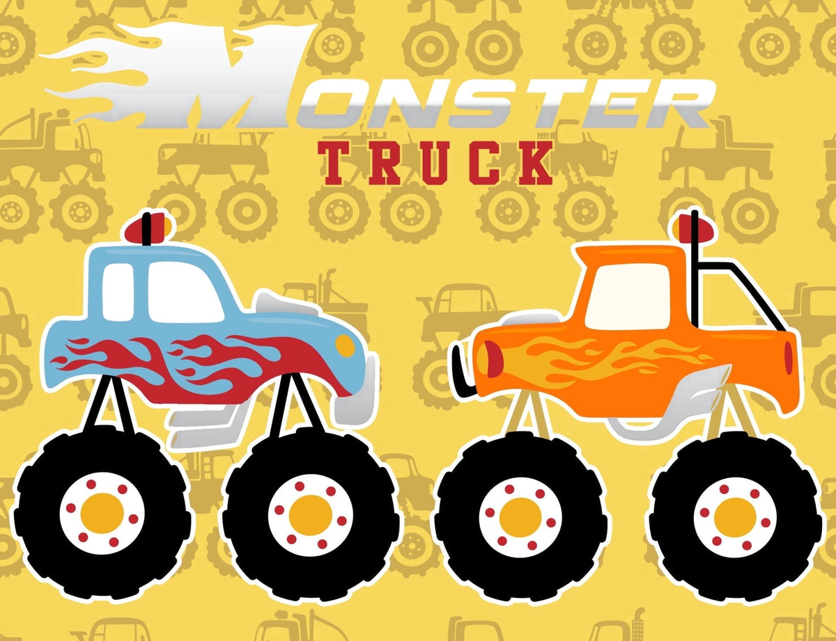 Cartoon Monster Truck Themed Birthday Orange & Blue Trucks with Flames Edible Icing Image Cake Topper, by Tnct.