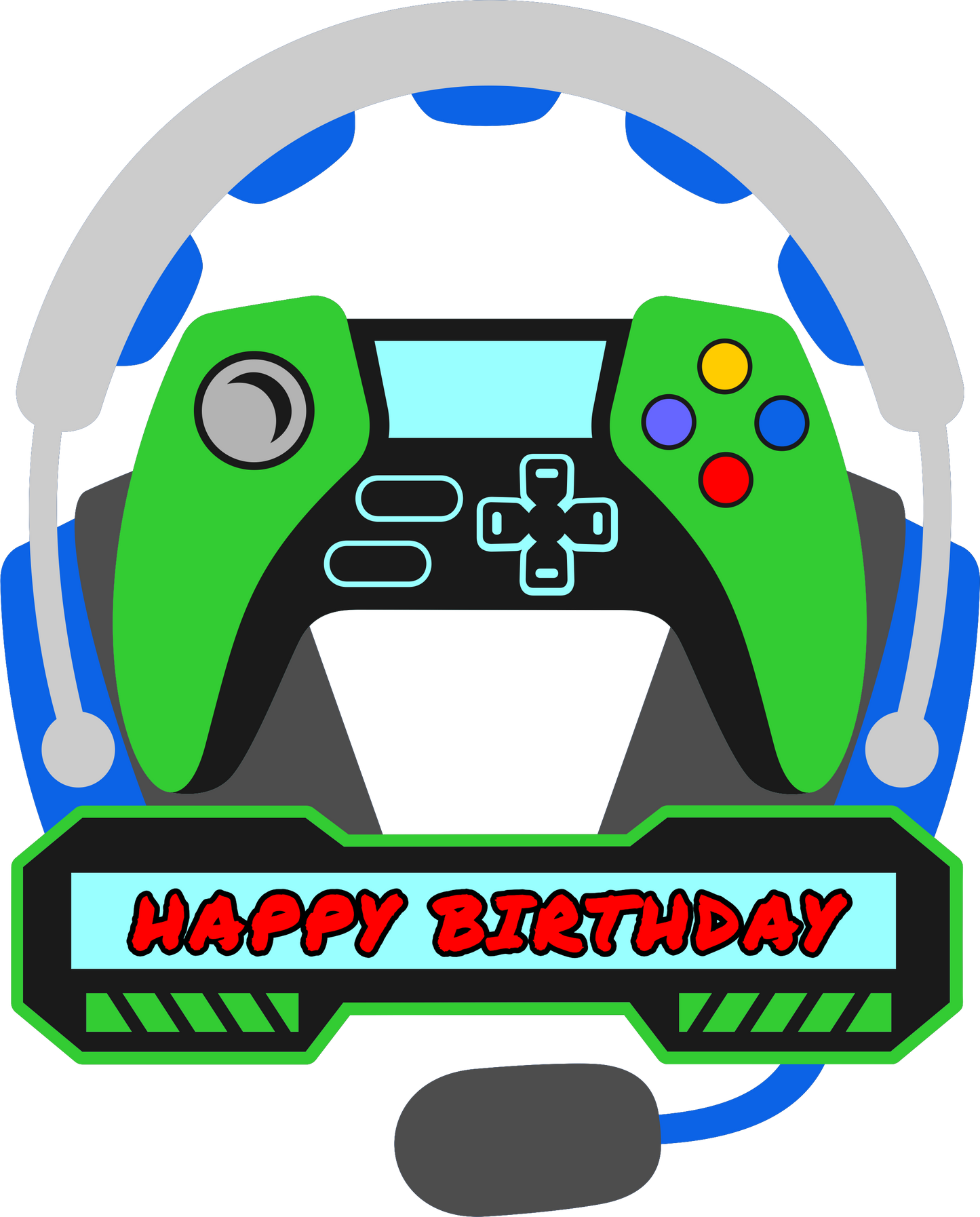 Gamer Life Headphones & Controller with Happy Birthday Banner Edible Image Cake Topper for Quarter Sheet Cake, by Tnct. (1 Count)
