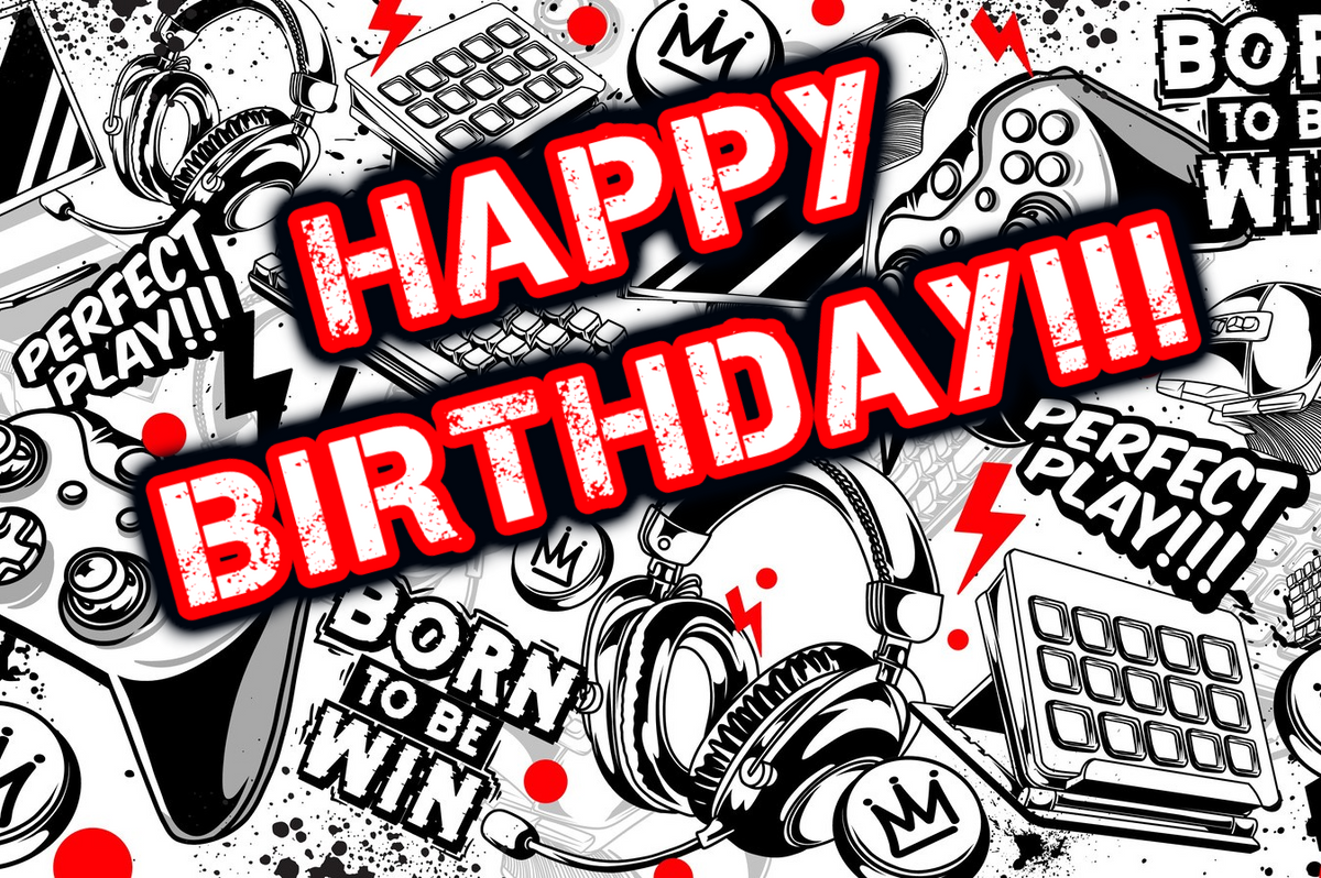 Red, White & Black Gamer Controller & Headphones Theme Happy Birthday Born to Win, Perfect Play Edible Image Cake Topper for Quarter Sheet Cake, by Tnct. (1 Count)