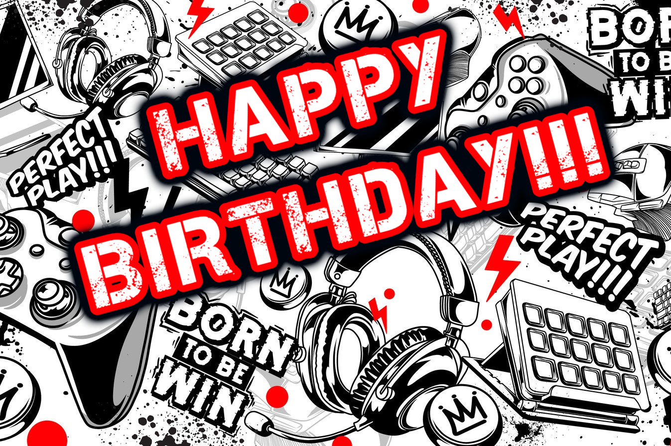 Red, White & Black Gamer Controller & Headphones Theme Happy Birthday Born to Win, Perfect Play Edible Image Cake Topper for Half Sheet Cake, by Tnct. (1 Count)