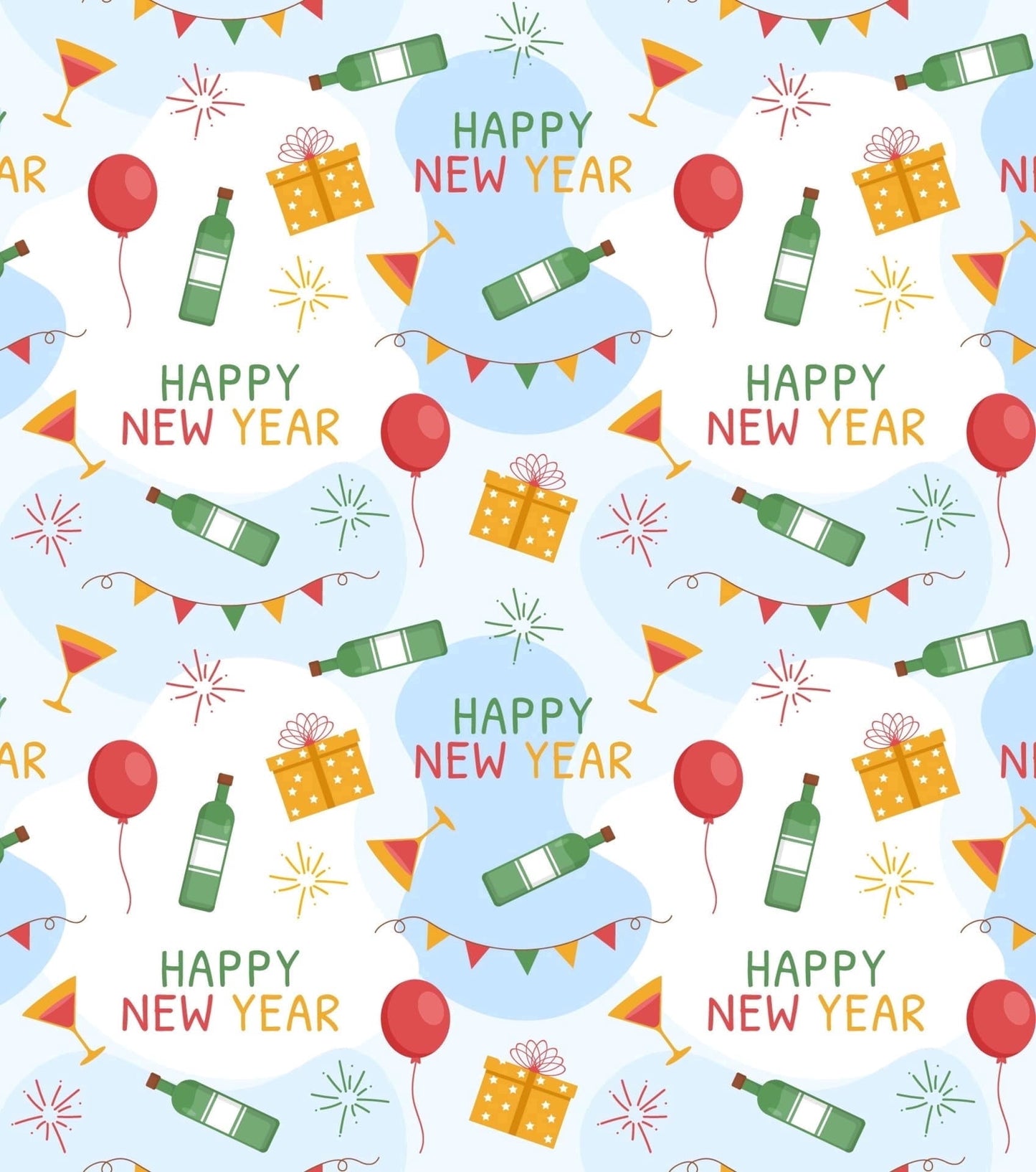 Festive Happy New Year Celebration Bottles, Balloons Pattern Edible Icing Image Cake Topper, by Tnct.