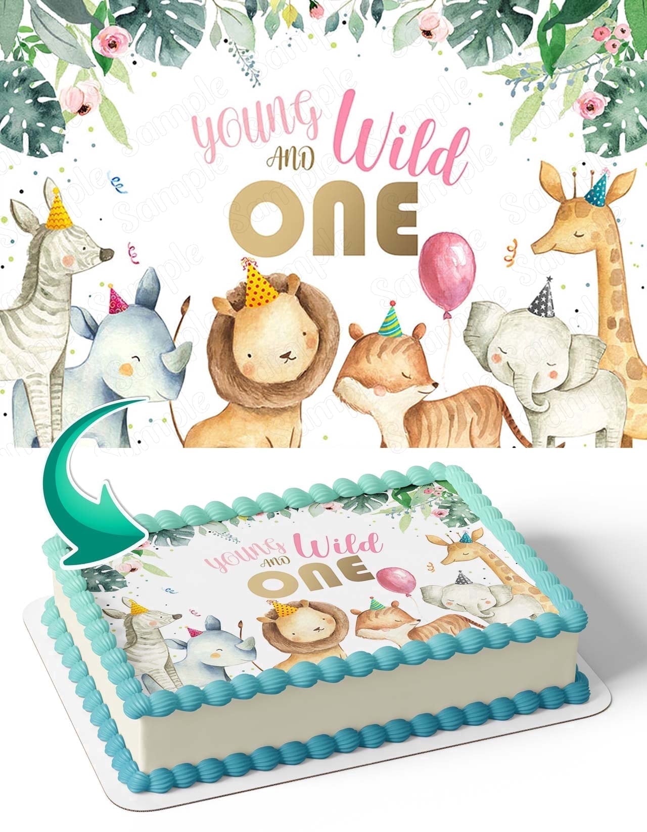 Jungle Safari Animals Young Wild and One Edible Image Icing Cake Topper for Quarter Sheet Cake, by TNCT