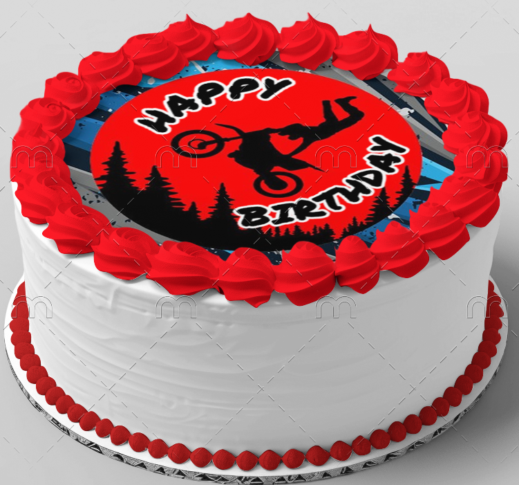 7.5" Round Pre-Cut Colorful Dirtbike Motocross Happy Birthday with Legs in Air Edible Image Cake Topper, by Tnct. (1 Count)
