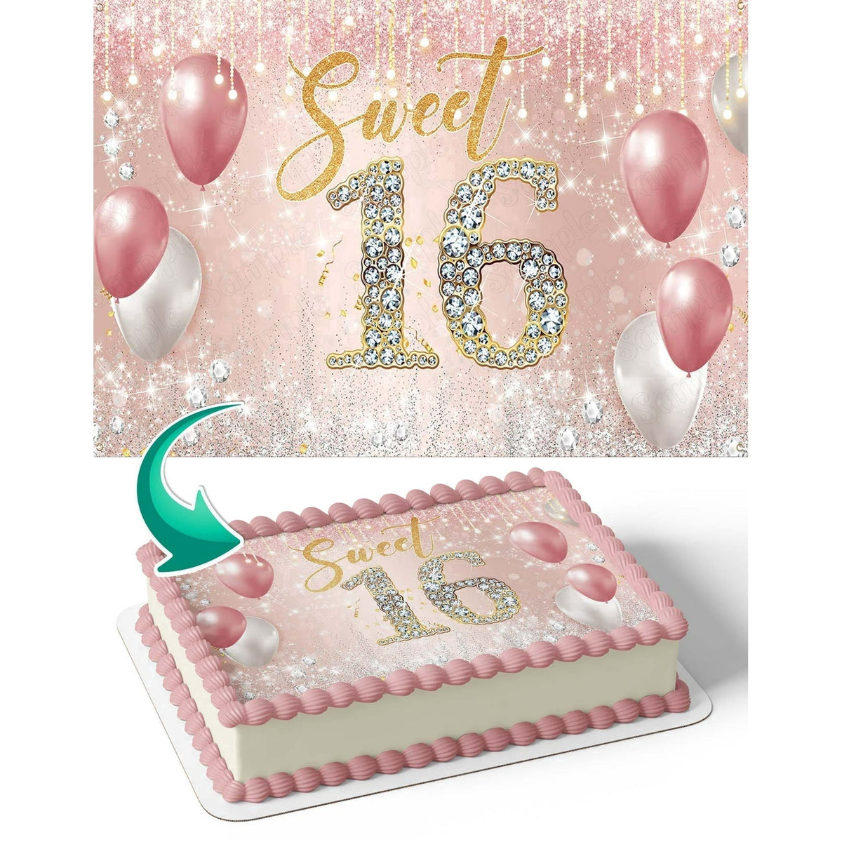 Sweet 16 Gold Rose Birthday Edible Icing Image Cake Topper, by Tnct.