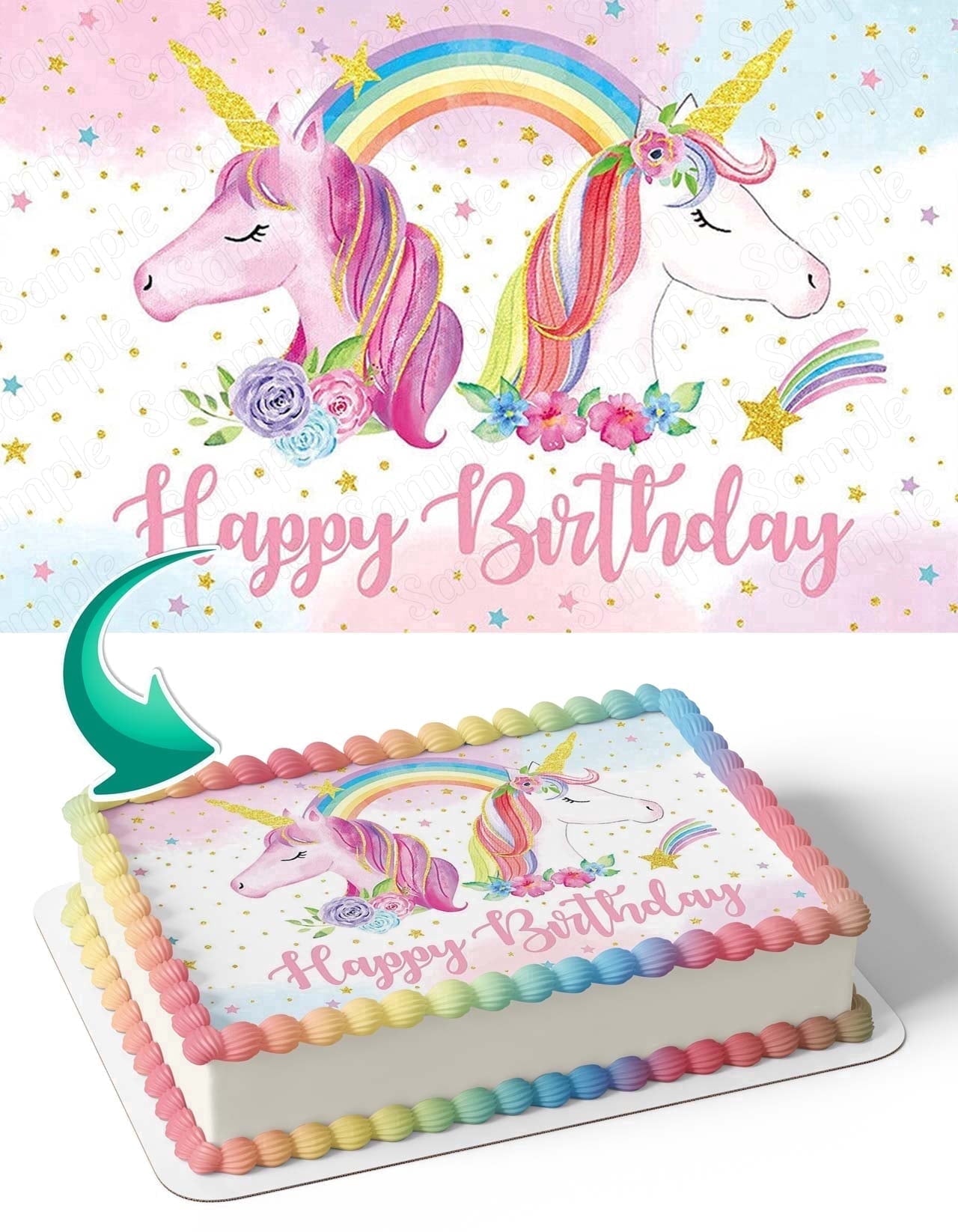 Unicorn Horse Rainbow Edible Image Icing Cake Topper for Quarter Sheet Cake, by TNCT