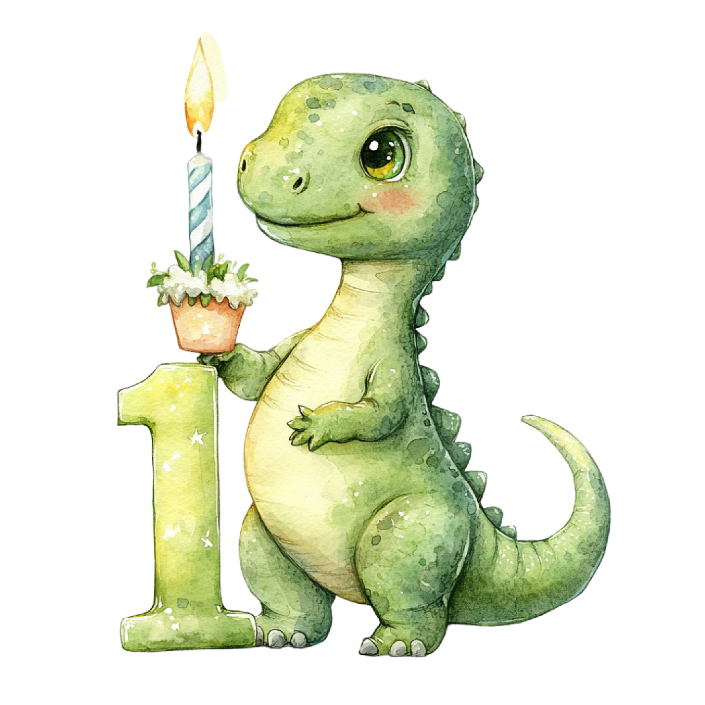 Watercolor Baby Green Dinosaur with Candle 1st Birthday Edible Icing Image Cake Topper, by Tnct.