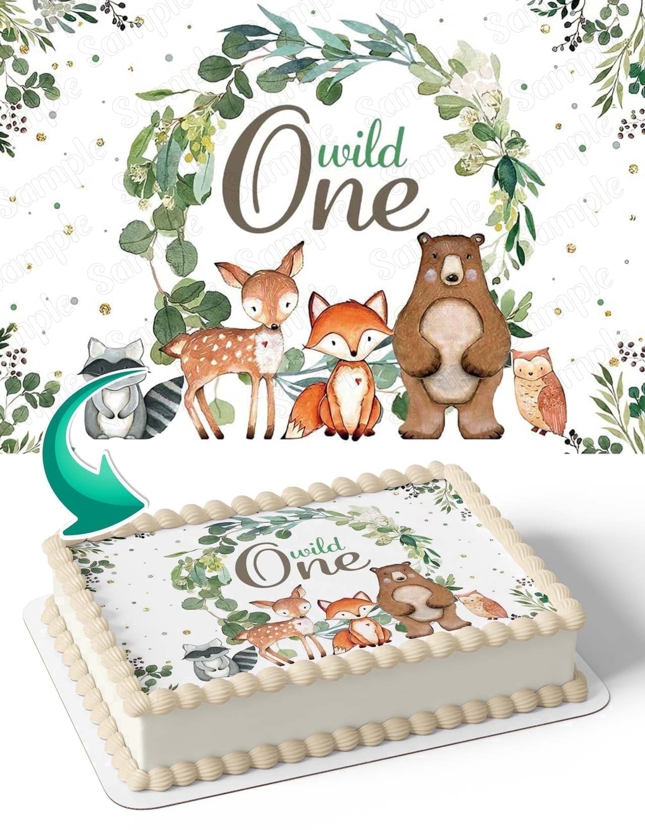 Wild One Baby Forest Animals Edible Image Icing Cake Topper for Quarter Sheet Cake, by TNCT