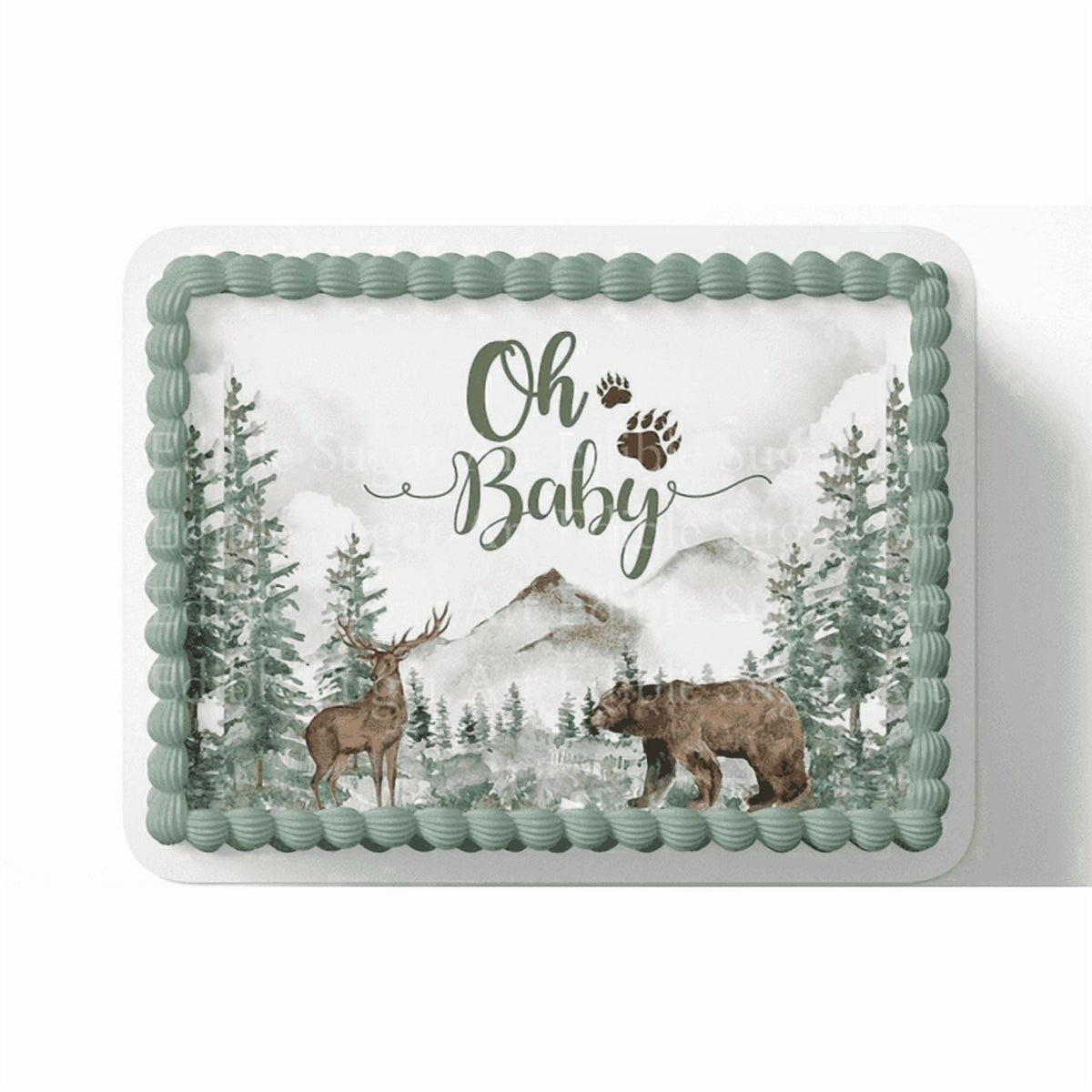Woodland Themed oh Baby, Bear & Elk Baby Shower Edible Icing Image Cake Topper, by Tnct.