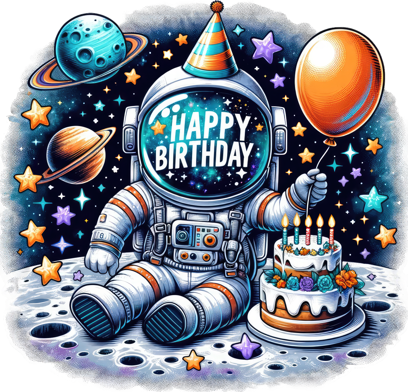 Astronaut with Happy Birthday Balloons & Cake Galaxy Theme Edible Image Cake Topper for Quarter Sheet Cake, by Tnct. (1 Count)
