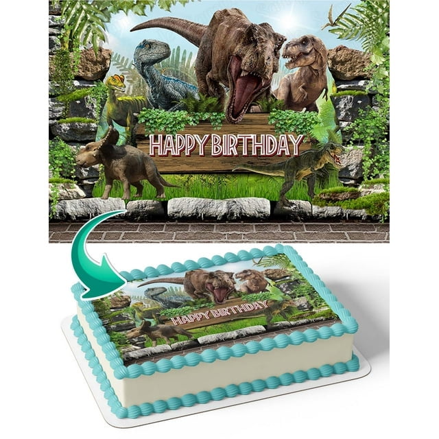 TNCT Jurassic Park Dinosaurs Cake Image Topper Personalized 1/4 Sheet Edible Birthday Cake Banner Custom Dinosaur Party Decoration for Boys and Girls