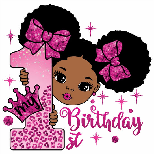 My 1st Birthday African American Cartoon Girl with Sparkly Pink Bows & Crown Photo Edible Image Cupcake and Cookie Toppers by TNCT (20 Count)