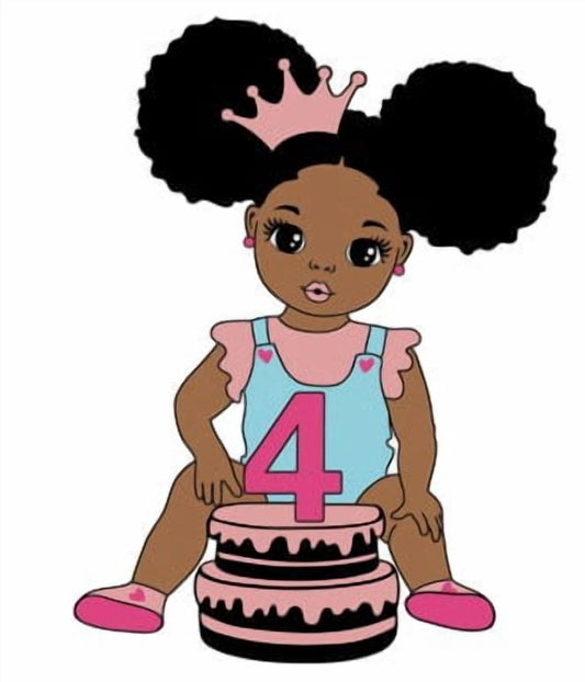 4th Birthday African American Cartoon Girl Sitting with Her Cake & Crown Photo Edible Image Cupcake and Cookie Toppers by TNCT (20 Count)