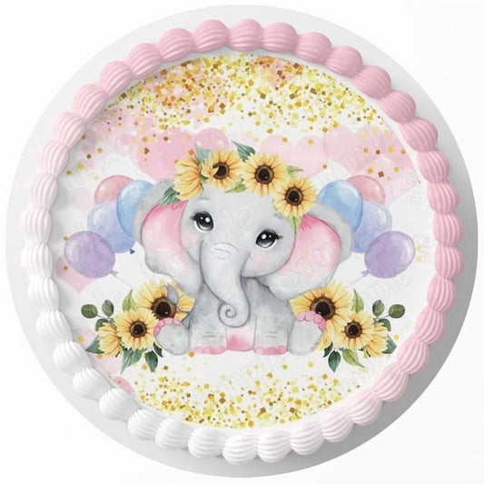 1.875" Round Pre-Cut Baby Girl Elephant with Sunflowers Edible Image Cupcake and Cookie Toppers by TNCT (20 Count)
