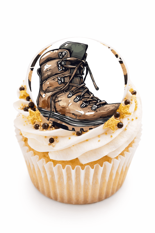 2" Round Brown Work Boot Soldier Theme Birthday Edible Image Cupcake Toppers, by Tnct. (12 Per Count)