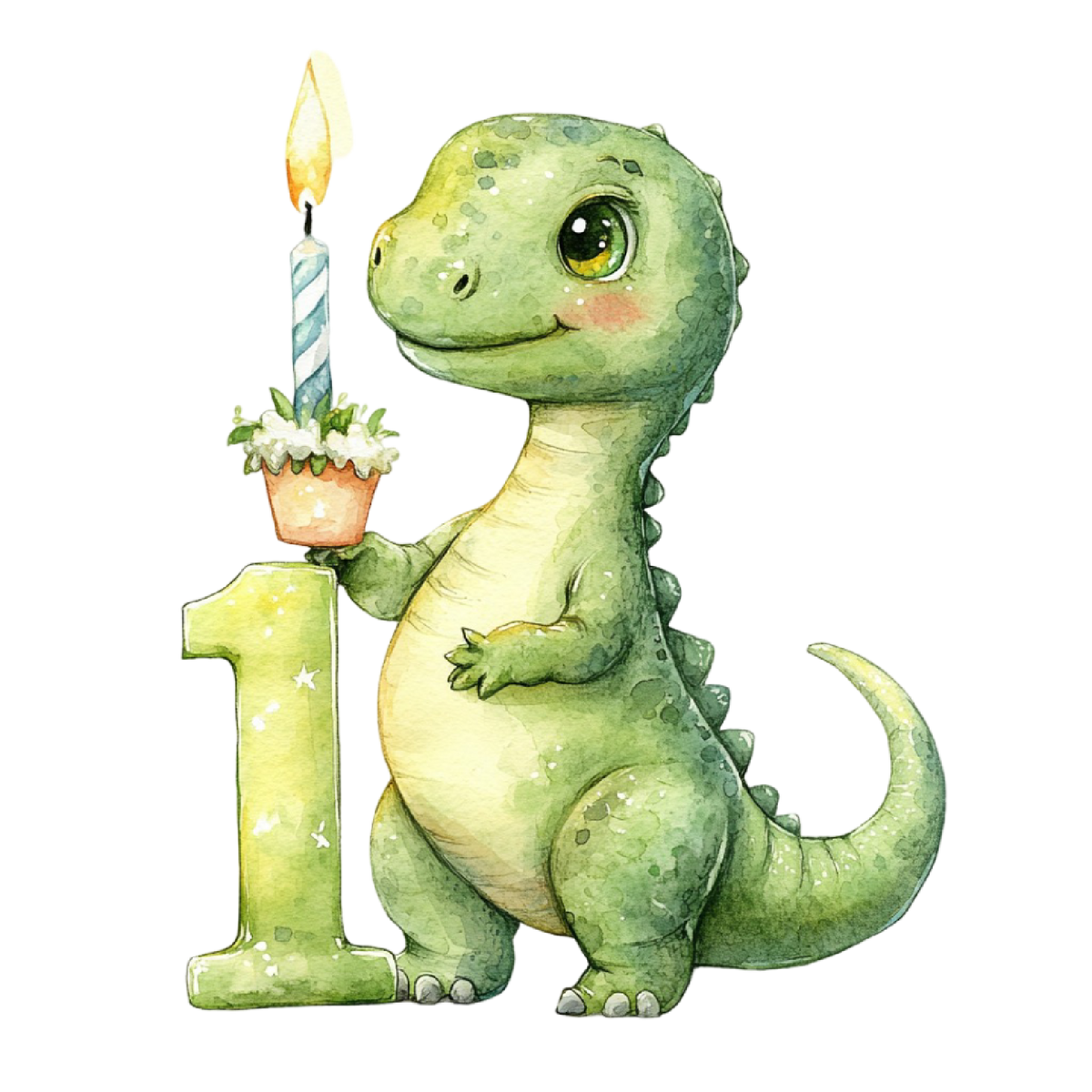 1st Birthday Baby Green Dinosaur with Candle Edible Image Cupcake & Cookie Toppers, by TNCT (12 Count)