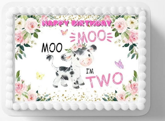 2 year Old Farm Barnyard Moo Cow Edible Image Icing Cake Topper for Quarter Sheet Cake, by TNCT