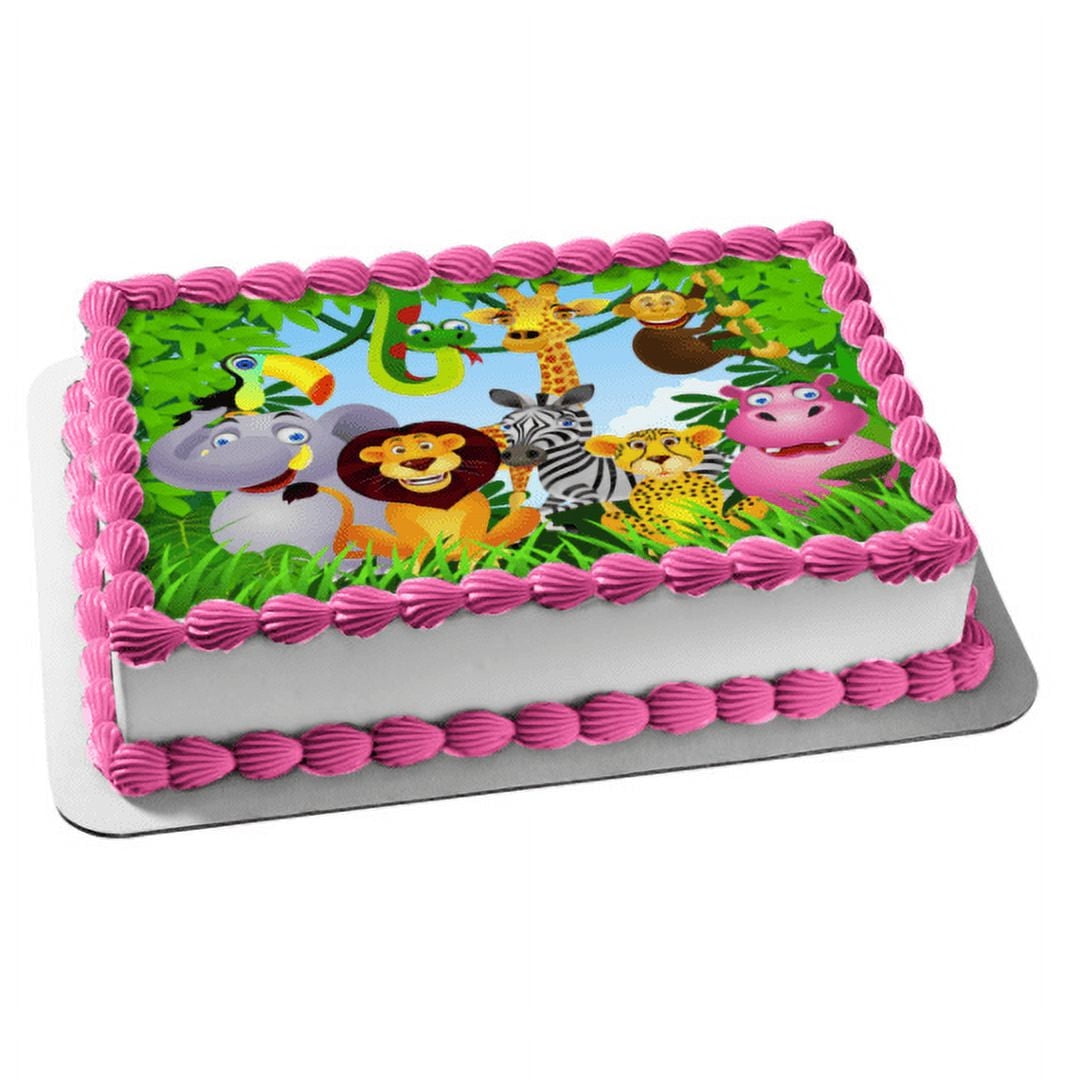 Jungle Safari Animals Monkey Zebra Lion Snake Rhino Edible Image Cake Topper For Quarter Sheet Cake By TNCT