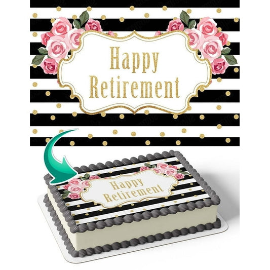 Happy Retirement Rose Flowers Gold Edible Image Cake Topper For Half Sheet Cake By TNCT