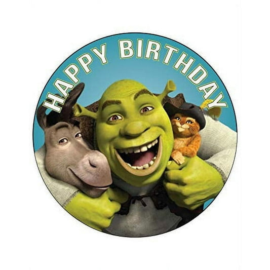7.5" Round Pre-Cut Shrek, Donkey & Puss in Boots Birthday Edible Image Cake Topper By TNCT