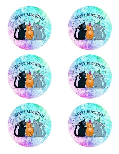 3" Round Pre-Cut Colorful Happy Cats Happy Birthday Cats Edible Image Cupcake Toppers By TNCT