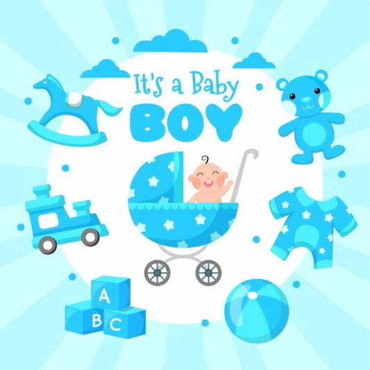 3" Round Pre-Cut It’s a Baby Boy In A Stroller With Toys Blue Baby Shower Theme Photo Edible Image Cupcake & Cookie Toppers (6 Per Sheet)