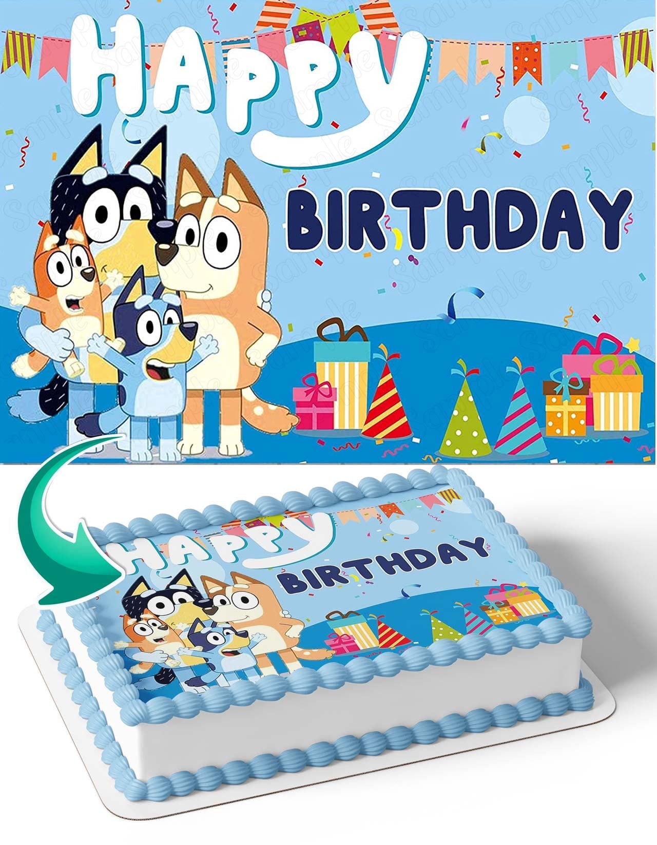 Bluey Bingo BB Edible Image Cake Topper Personalized Birthday Sheet Decal Banner 1/4 Sheet