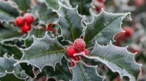 Frosted Holly Leaves and Red Berries Edible Cocoa Butter Transfer Sheet for Chocolate Treats, 1 Count