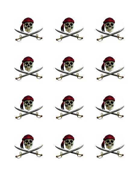 2" Round Pre-Cut Pirate Skull & Swords Edible Image Cupcake Toppers