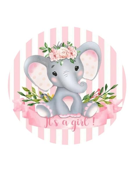 7.5" Pre-Cut Round Elephant With Pink & White Stripes Edible Image!