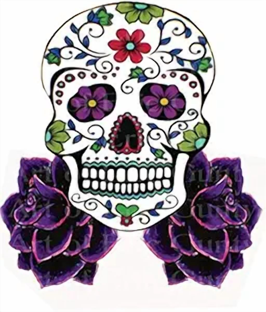 9.5" Round Pre-Cut Sugar Skull With Heart & Purple Roses Edible Image Cake Topper By TNCT