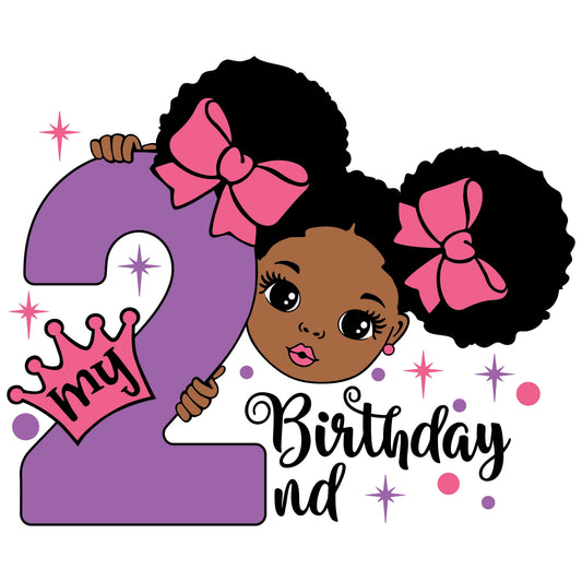 5" Round Pre-Cut My 2nd Birthday African American Cartoon Girl Peeking Around Purple #2 With Crown & Bows Photo Edible Image Cake,Cupcake Or Cookie Toppers (2 Per Sheet)