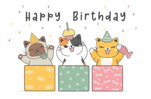 3 Funny Cats with Presents & Fish Bones Happy Birthday Cats Design Edible Icing Image Cake Topper, by TNCT.